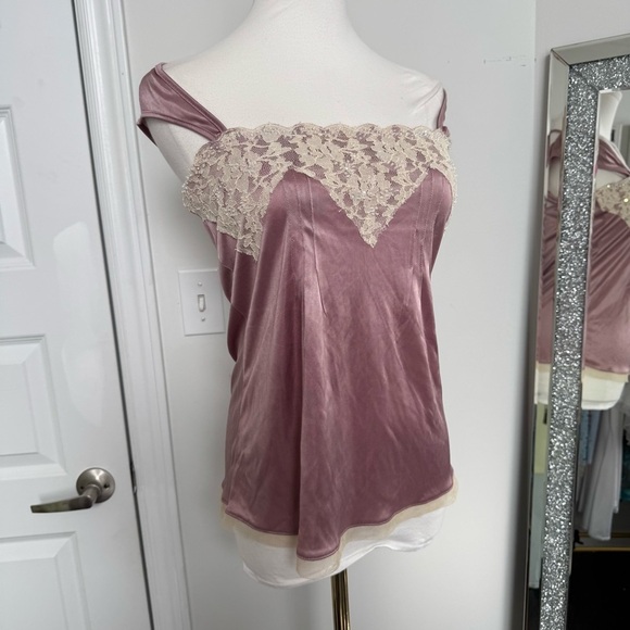 Vintage Y2K Elegant Lace Trim Satin Top Fairycore glam Miami Ibiza summer m - Picture 2 of 6